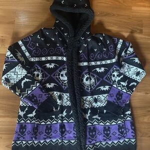 H&M Black and Purple Graphic Hooded Coat
